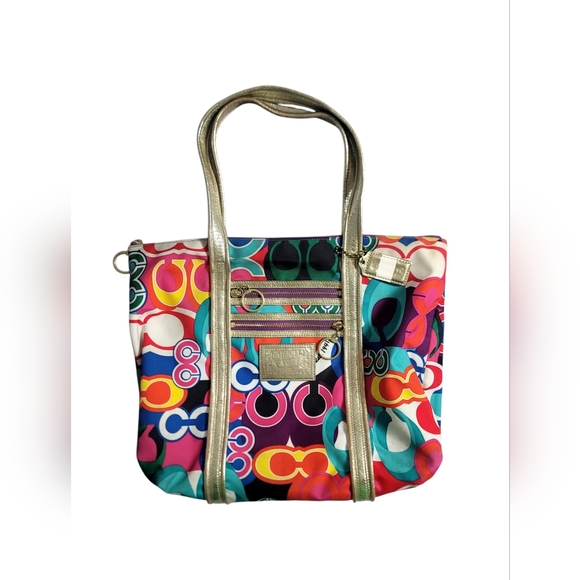 Coach Poppy Glam POP Graffiti Signature Y2K Multicolored Tote Bag Gold Accents - Picture 1 of 13